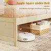 Full size wooden bed frame with 12" space underneath for storage and easy floor cleaning, featuring two rolling drawers.