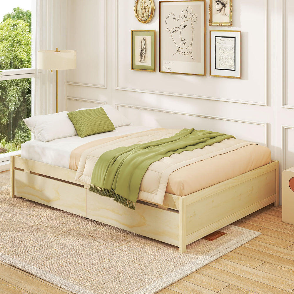 Full size wooden bed frame in natural finish with two rolling storage drawers, ideal for maximizing space and.