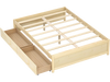 Full size wooden bed frame in natural finish with two rolling storage drawers for convenient organization.