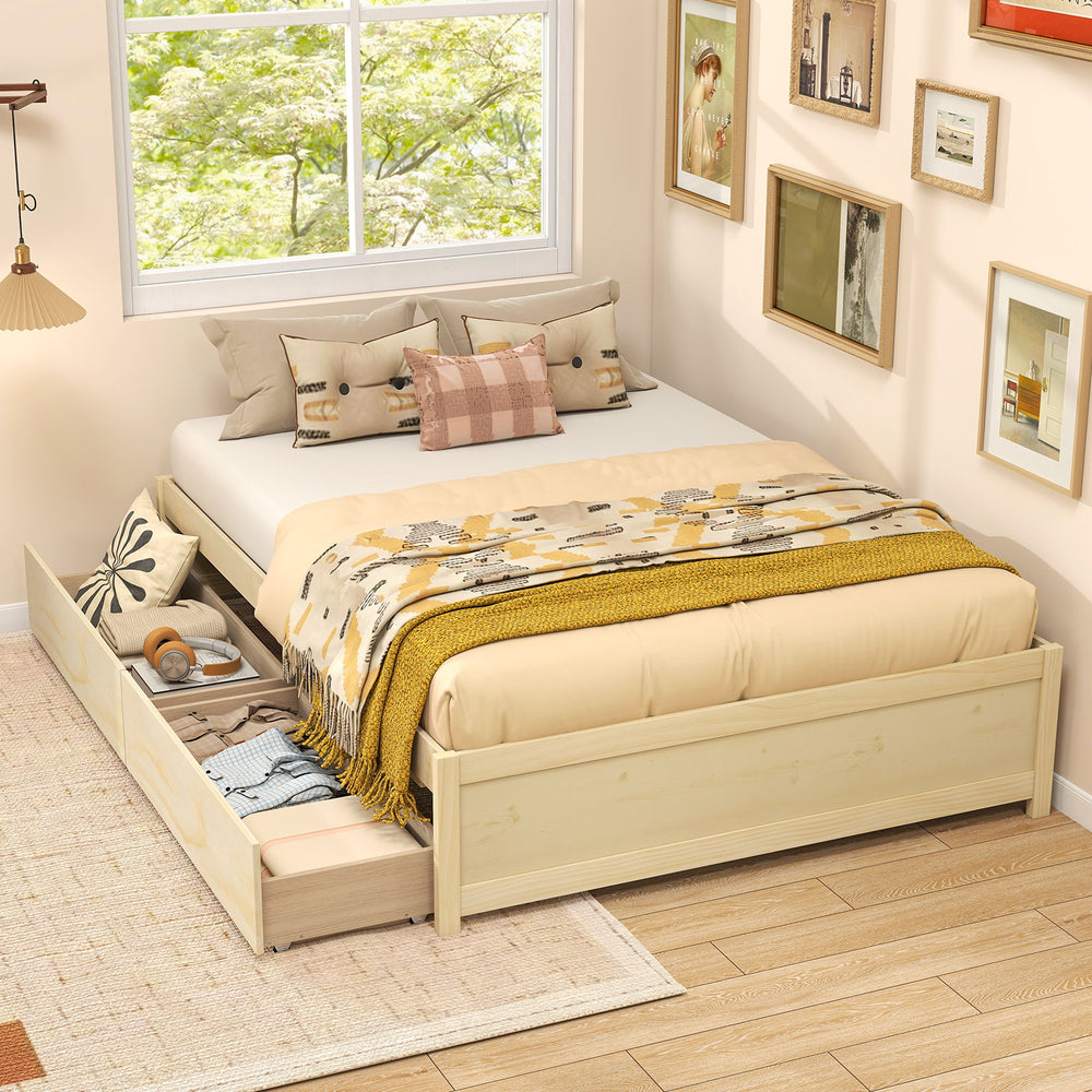 Natural full size wooden bed frame showcasing two rolling storage drawers positioned on the right side for flexible.