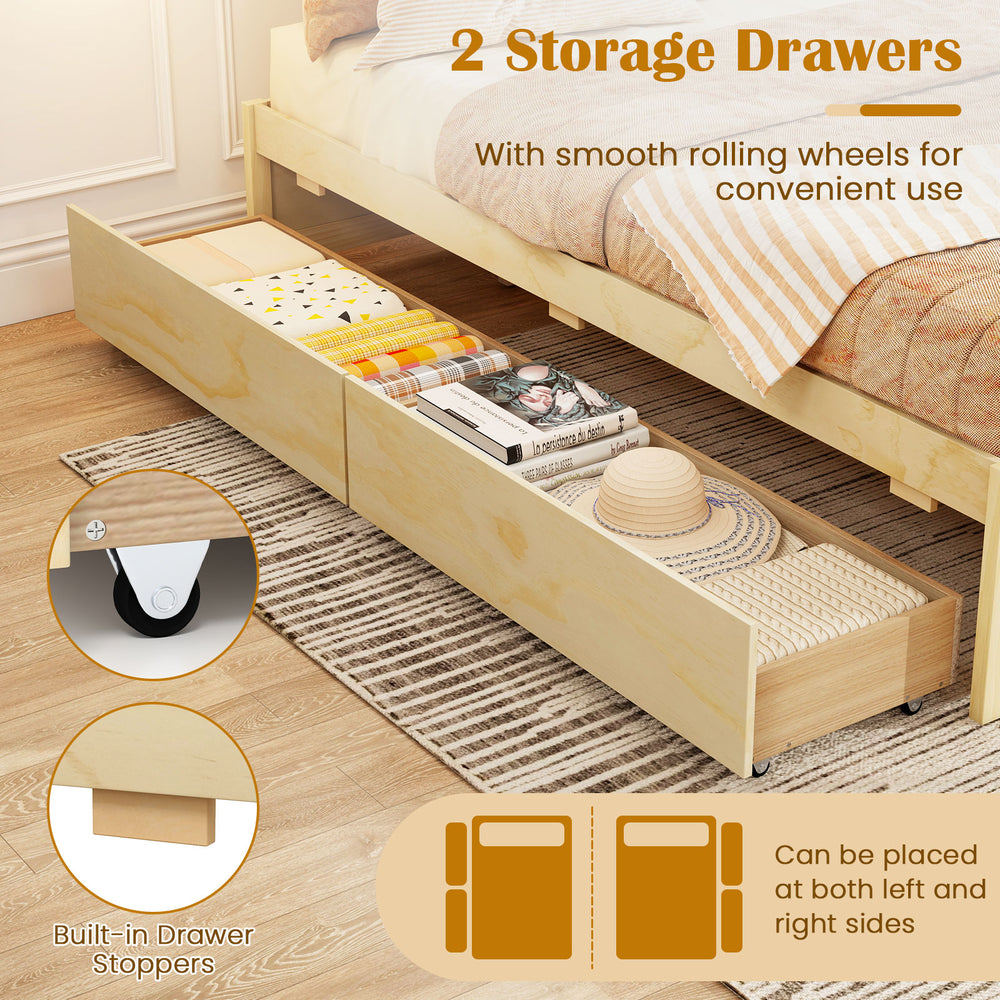 Full view of the full-size wooden bed frame featuring two rolling storage drawers for convenient under-bed storage.
