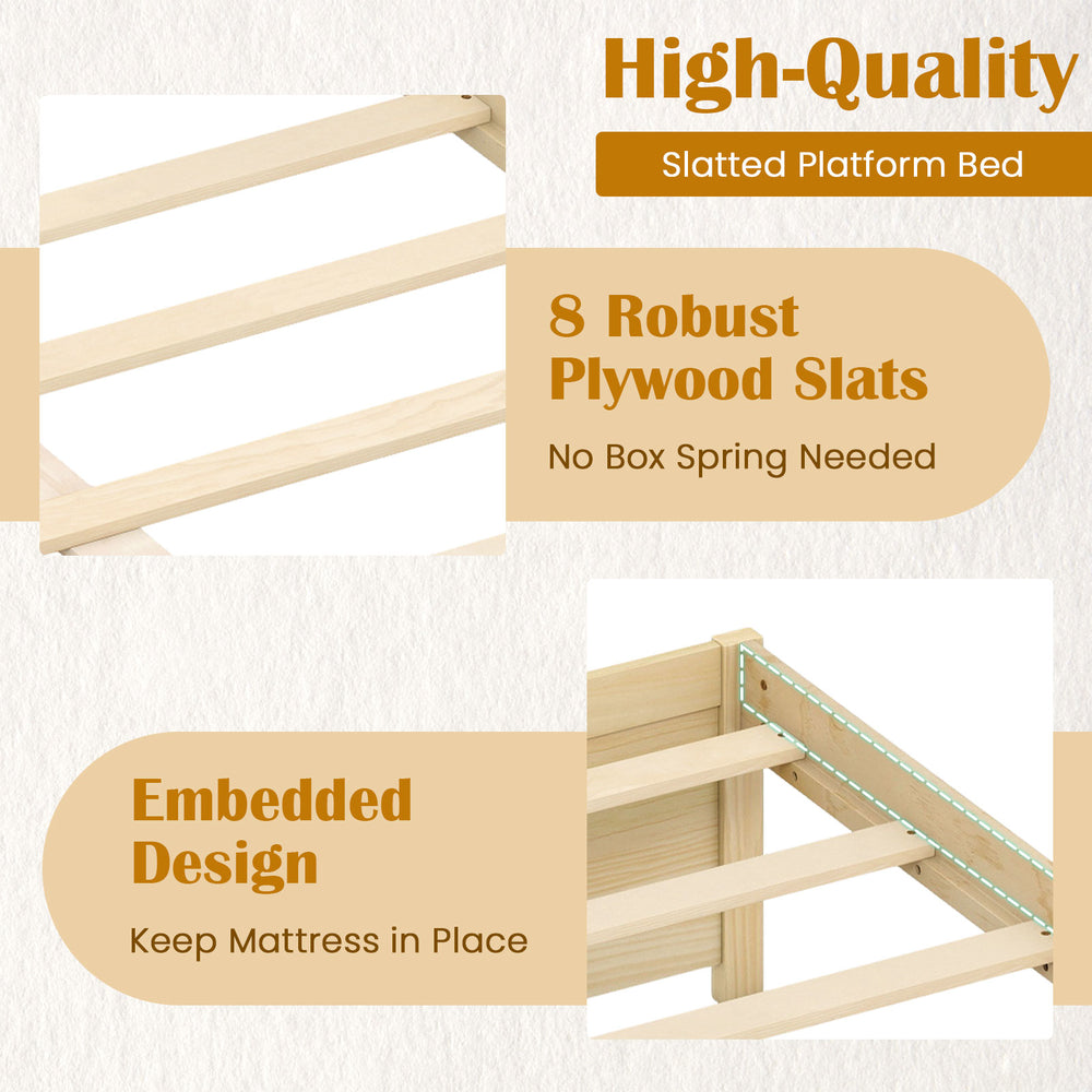 Full size wooden bed frame with 8 plywood slats and embedded design, featuring 2 rolling storage drawers for.
