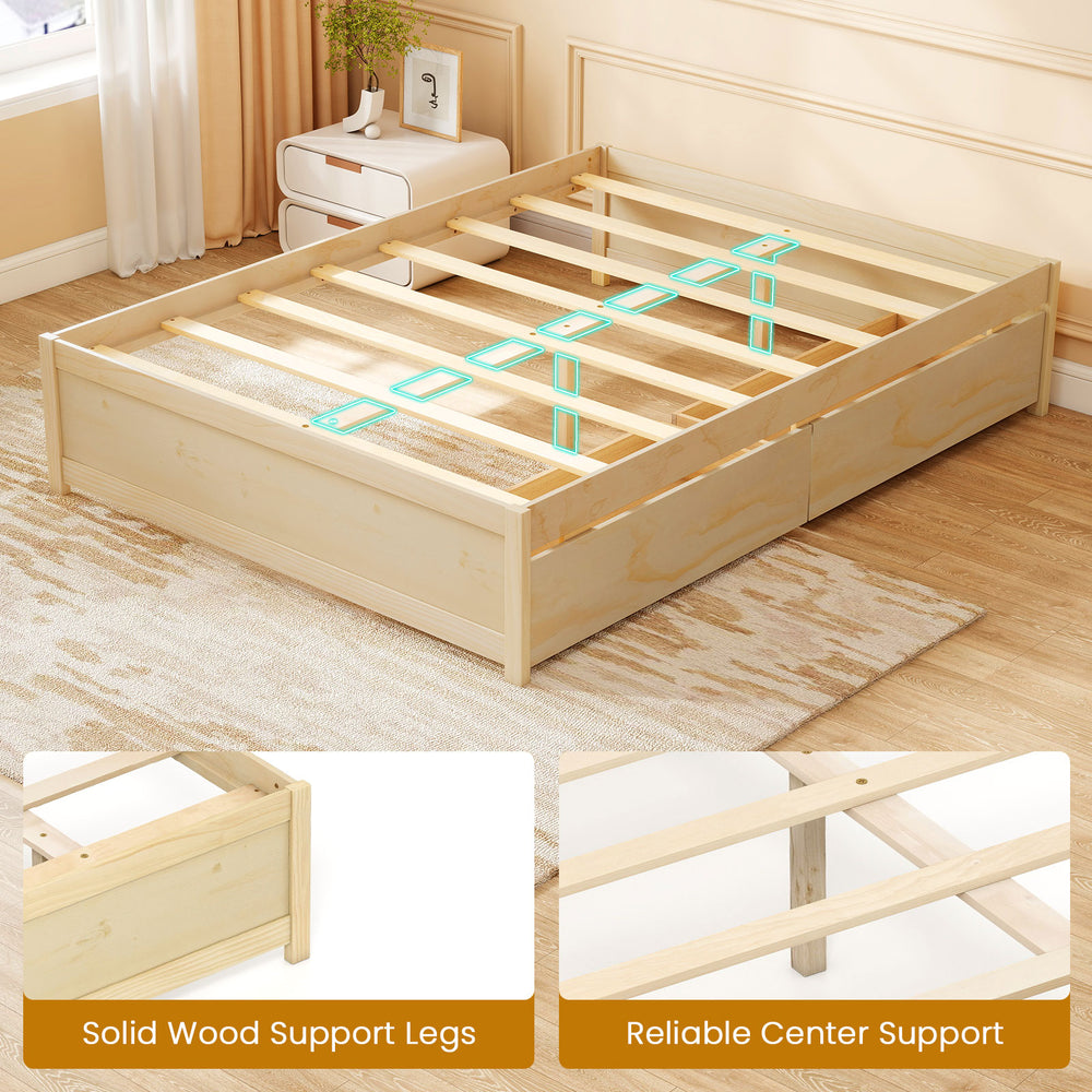 Full size wooden bed frame with natural finish, featuring 2 rolling storage drawers and solid wood support legs.