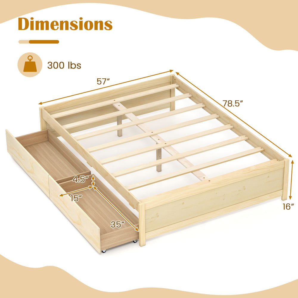 Full size wooden bed frame with two rolling storage drawers, slatted platform, and dimensions for easy assembly.