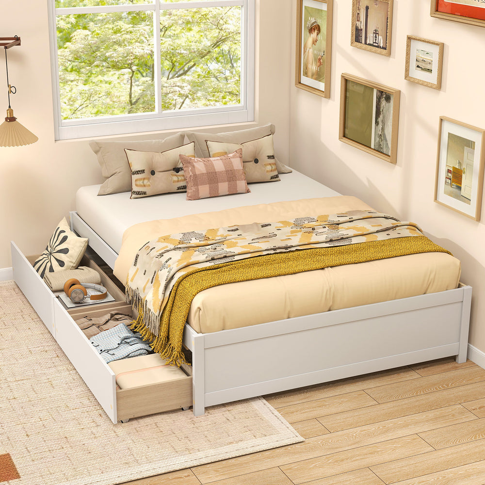 Full Size Wooden Bed Frame with 2 Rolling Storage Drawers-White - Gallery View 1 of 9