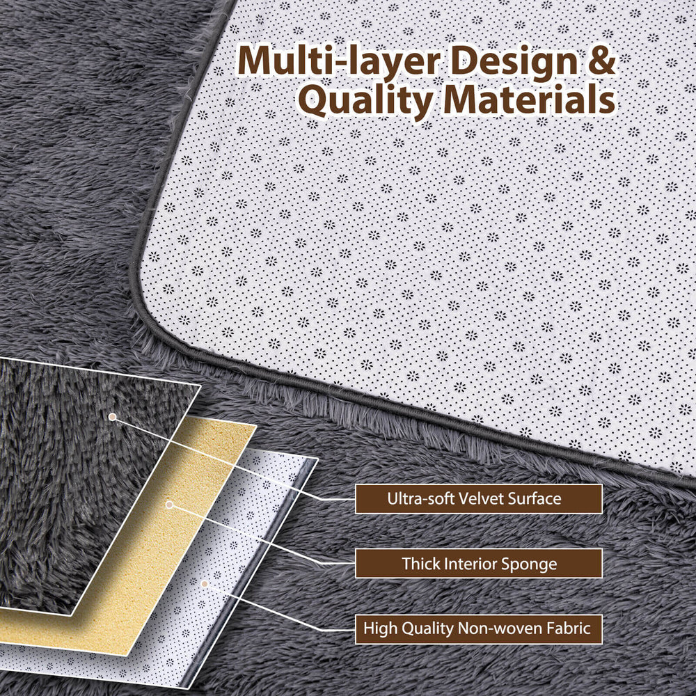 Multi-layer design of a 4x6 feet shag rug featuring ultra-soft velvet, thick sponge, and non-slip grip dots for safety.