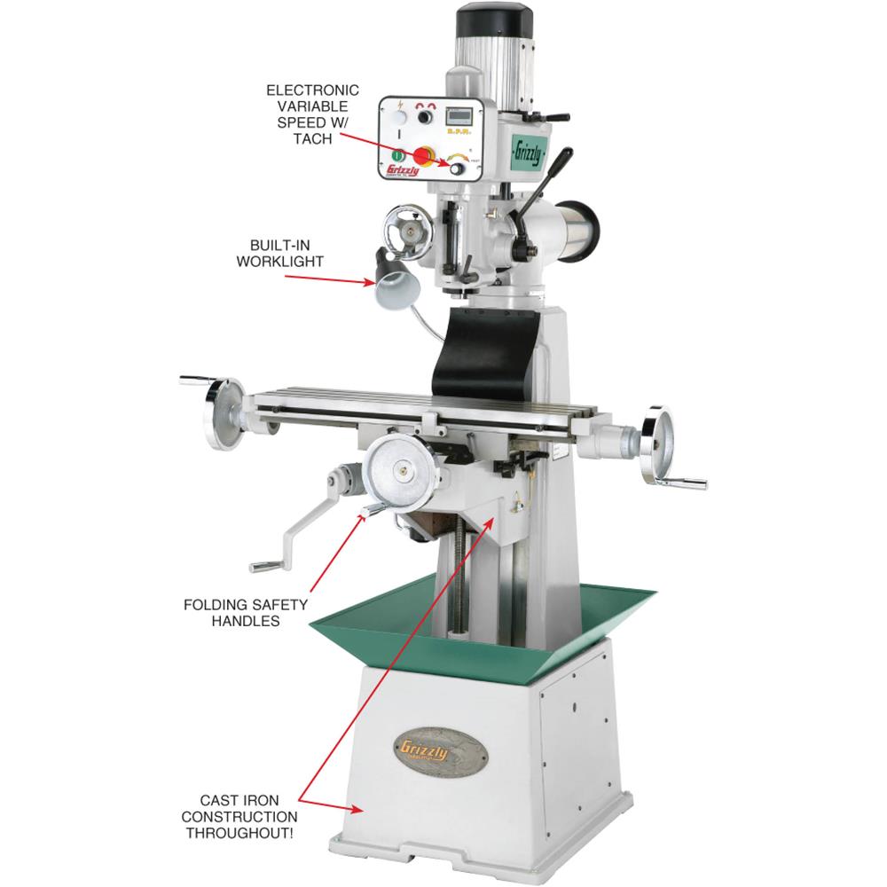 Grizzly G0695 - 8" x 30" 1-1/2 HP Variable-Speed Knee Mill w/ Ram Head