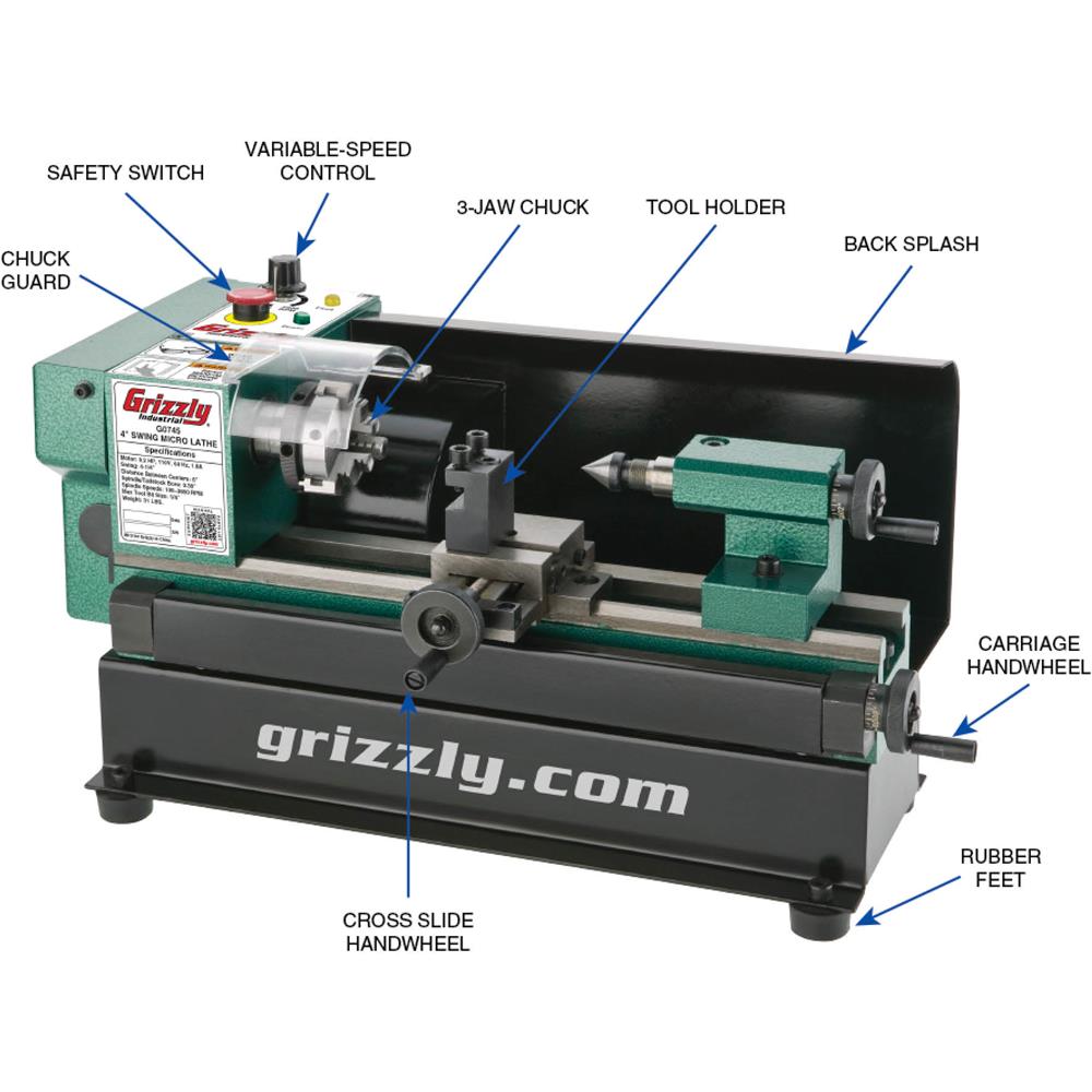 Grizzly G0745 - 4" x 6" Variable-Speed Benchtop Metal Lathe