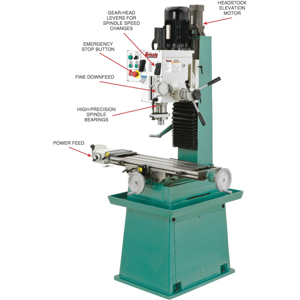 Grizzly G0755 - 10" x 32" 2 HP HD Mill/Drill w/ Stand & Power Feed