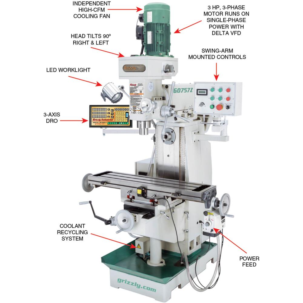 Grizzly G0757Z - 9" x 39" 3 HP Variable-Speed Horizontal/Vertical Mill with DRO