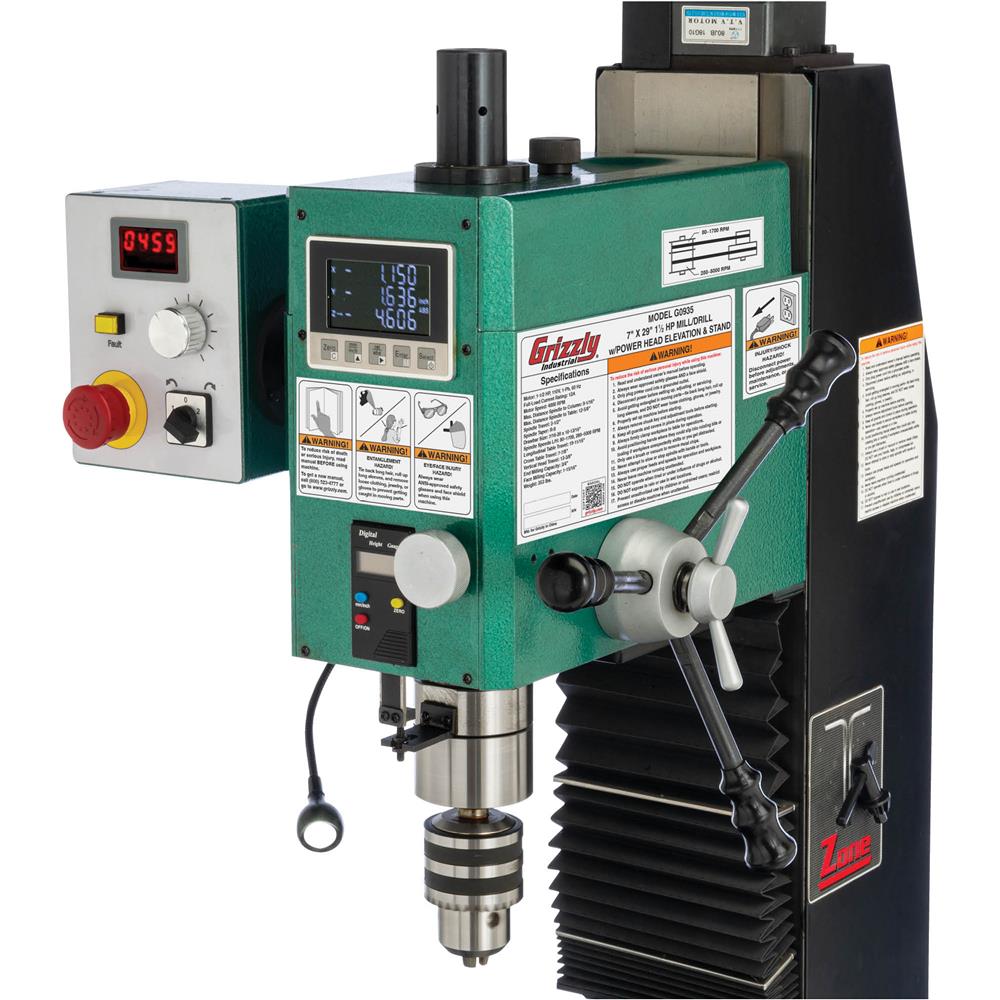 Grizzly G0935 - 7" x 29" 1-1/2 HP Mill/Drill w/ Power Head Elevation & DRO