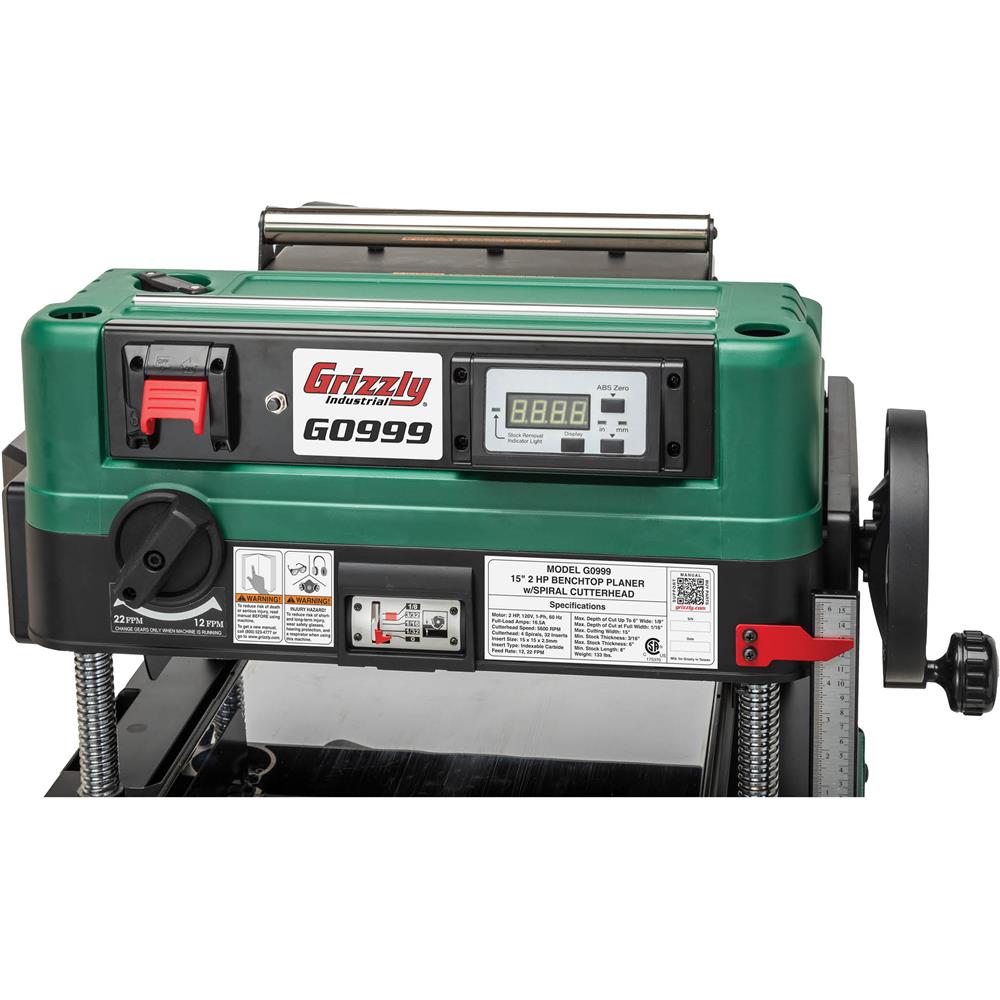 Grizzly G0999 - 15" 2 HP Benchtop Planer with Spiral Cutterhead
