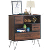 3-tier wood storage cabinet with 4 metal legs, showcasing a side view with 2 door cabinets for concealed storage.
