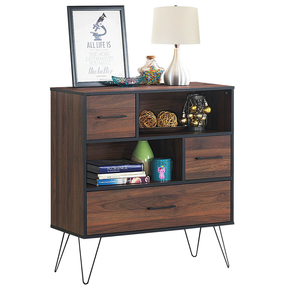 3-tier wood storage cabinet with 4 metal legs, showcasing a side view with 2 door cabinets for concealed storage.