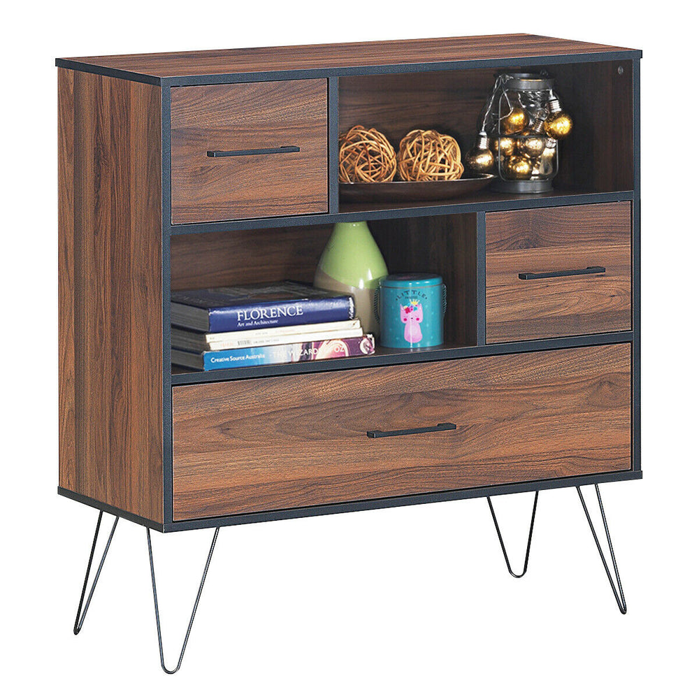 3-tier wood storage cabinet with drawers and metal legs, featuring open shelves for books and decorative items.