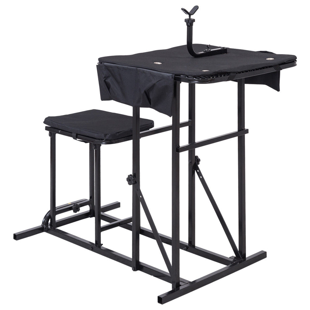 Foldable shooting bench with a compact design, adjustable height, and sturdy steel frame, perfect for outdoor use.