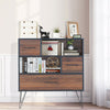 3-tier wood storage cabinet with a stylish design, featuring a drawer and two open shelves for organized storage.