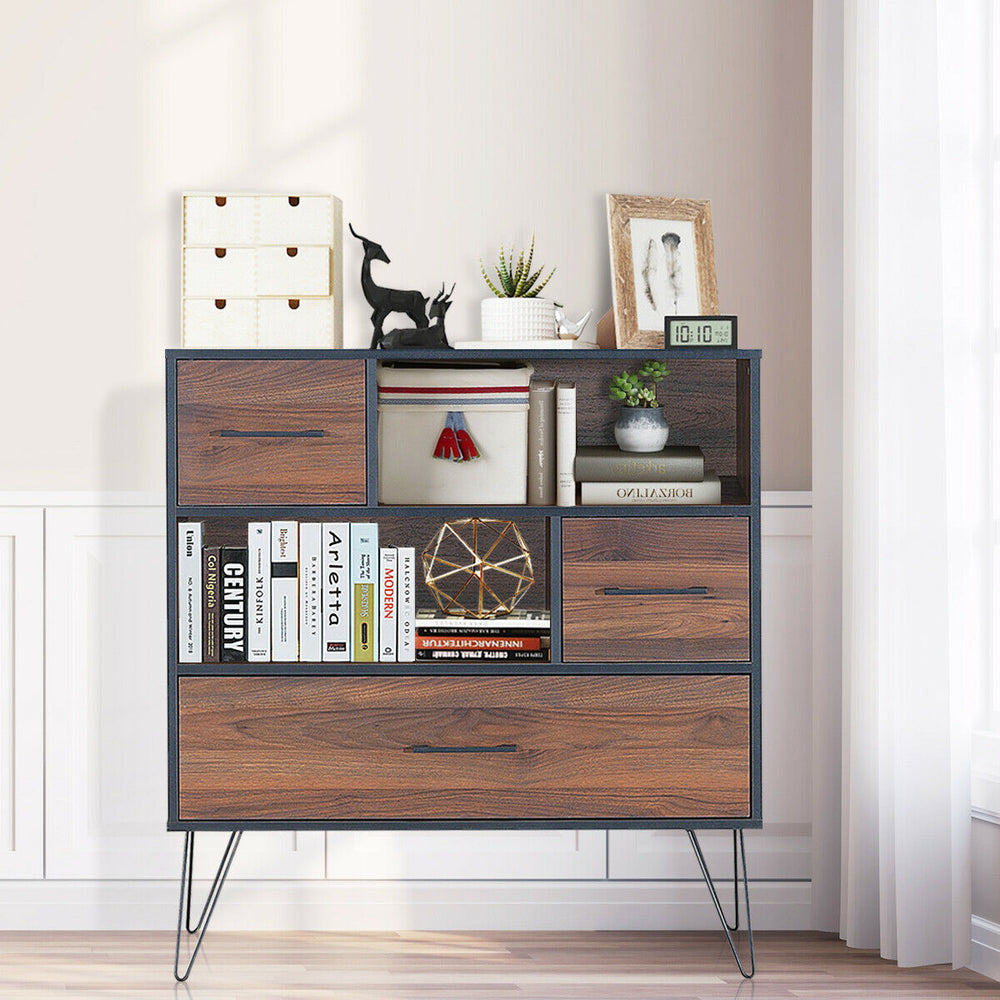 3-tier wood storage cabinet with a stylish design, featuring a drawer and two open shelves for organized storage.