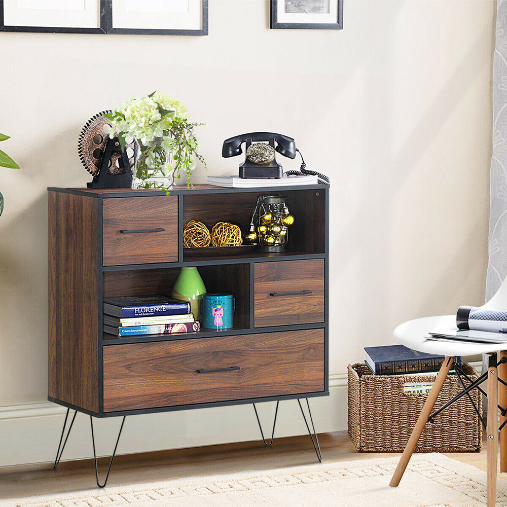 3-tier wood storage cabinet with 4 metal legs, showcasing a stylish side view with 2 open shelves and a drawer for.