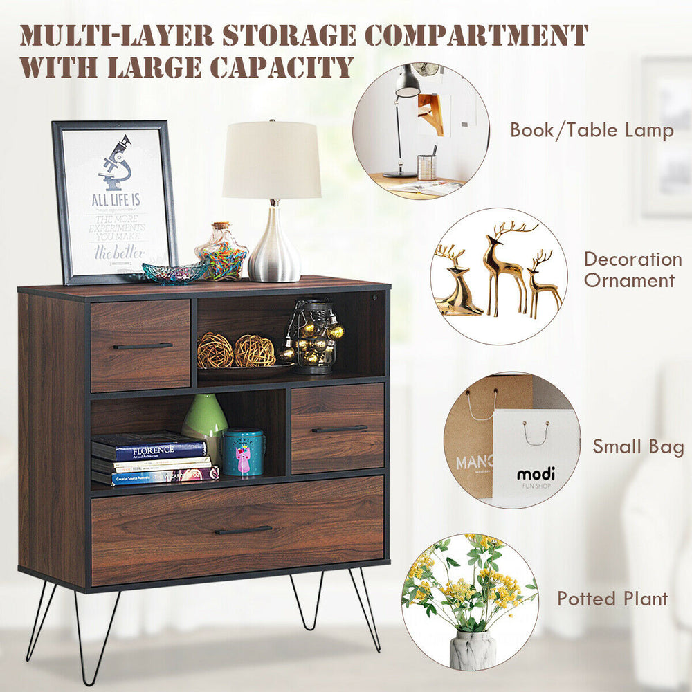 3-tier wood storage cabinet with a smooth finish, featuring a drawer and open shelves, perfect for organizing.