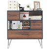 3-tier wood storage cabinet with sturdy metal legs, featuring a close-up view of the smooth surface and stylish drawer.