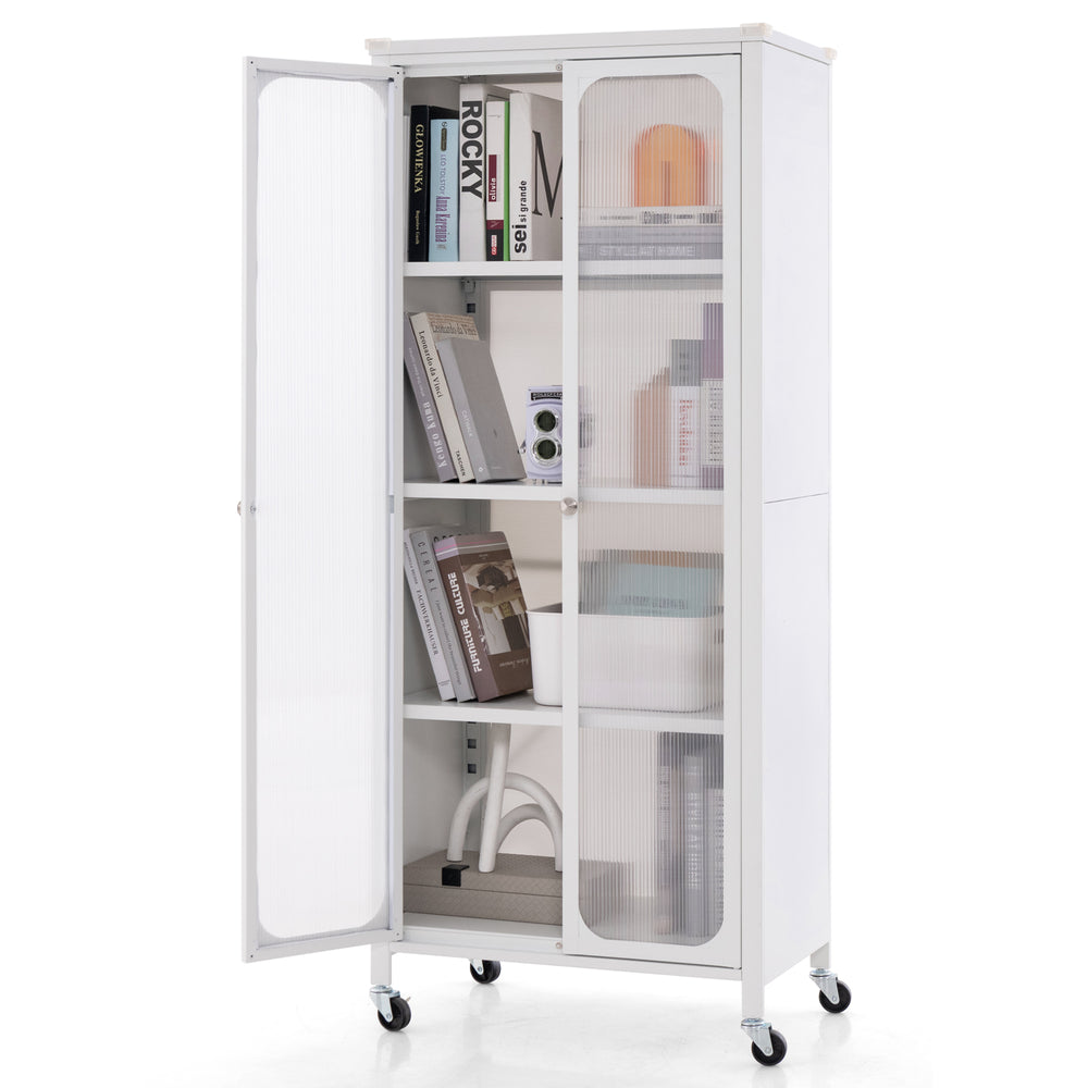 White glass doors storage cabinet with wheels, featuring adjustable shelves for customizable organization in any room.
