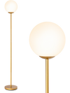 Elegant golden floor lamp with a glass globe shade, providing comfortable lighting for home or office use.
