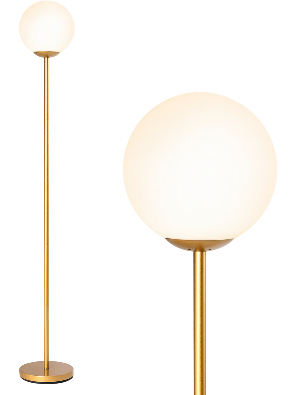 Elegant golden floor lamp with a glass globe shade, providing comfortable lighting for home or office use.