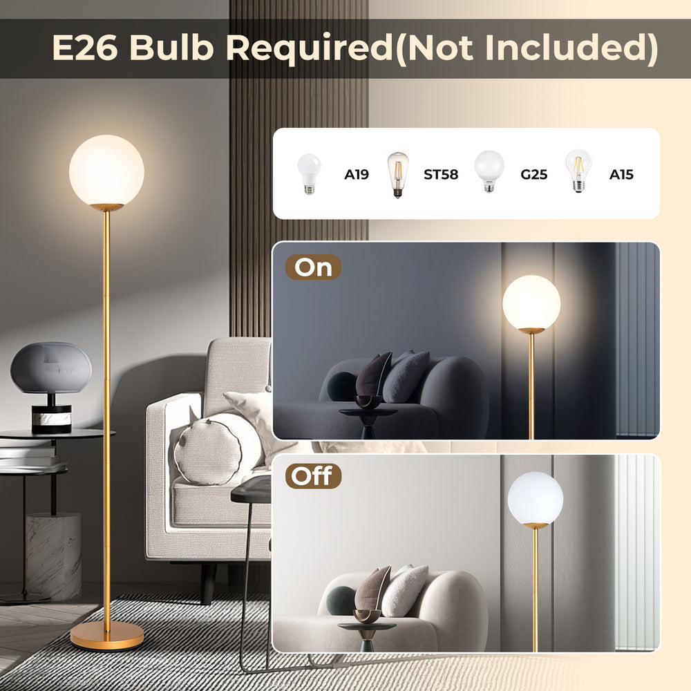 Glass globe LED floor lamp with golden finish, showcasing on/off functionality and elegant design for home or office.