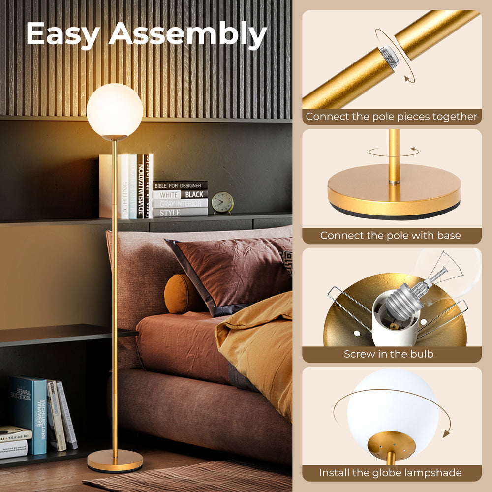 Glass globe LED floor lamp in gold with easy assembly instructions, perfect for home or office decoration.