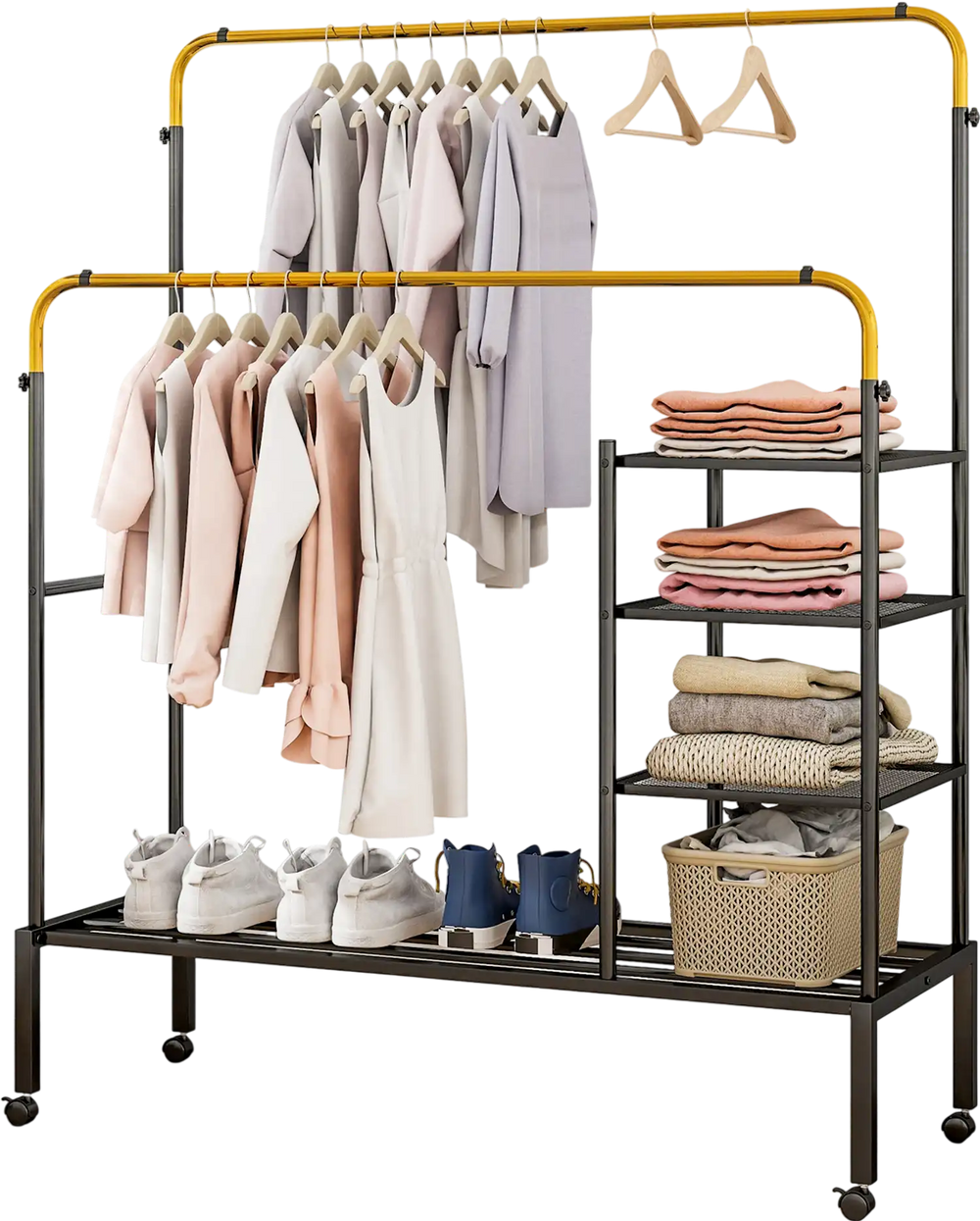 Rolling double rods garment rack in golden finish with adjustable hanging bars and storage shelves for versatile use.