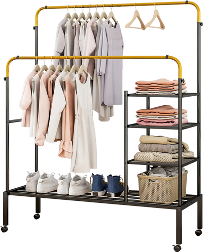 Costway Rolling Double Rods Garment Rack Height Adjustable Hanging Bars Golden 61347598 New
