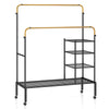 Rolling garment rack with adjustable golden rods, lockable wheels, and shelves for versatile clothing storage.