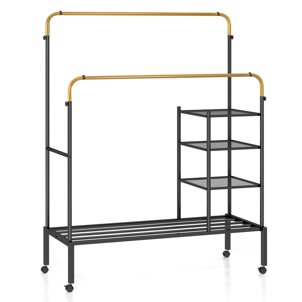 Rolling garment rack with adjustable golden rods, lockable wheels, and shelves for versatile clothing storage.