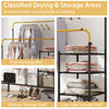 Rolling garment rack featuring dual hanging bars, adjustable height, and multiple storage shelves for versatile.