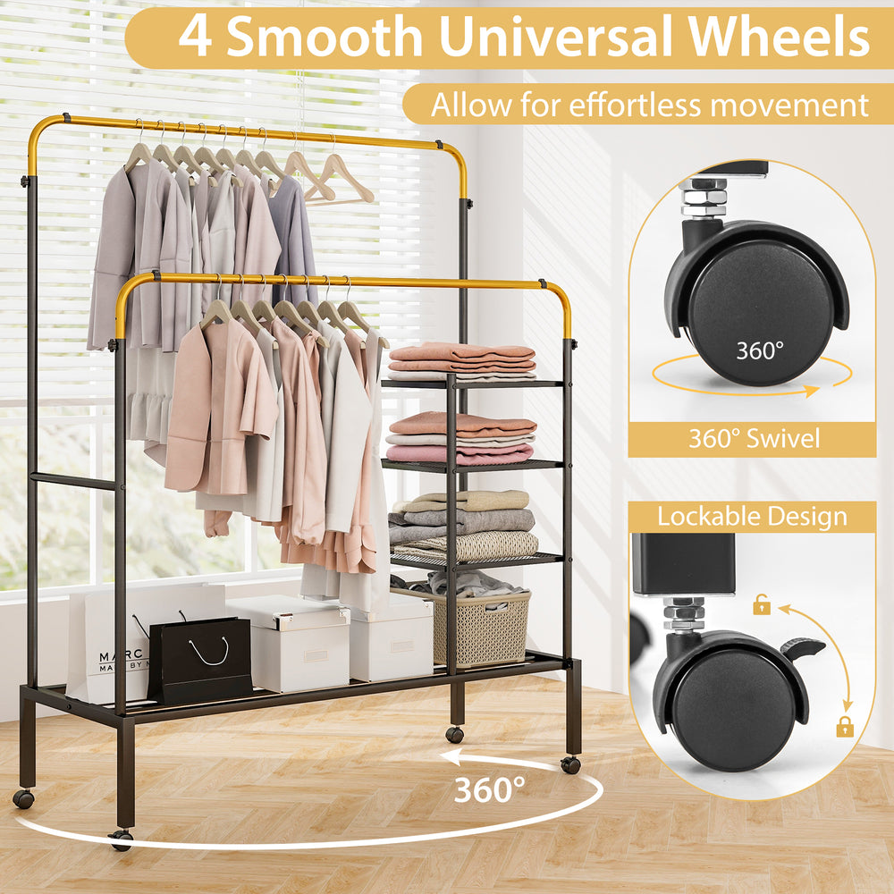 Rolling double rods garment rack with height adjustable bars, smooth lockable wheels for easy relocation and sturdy.