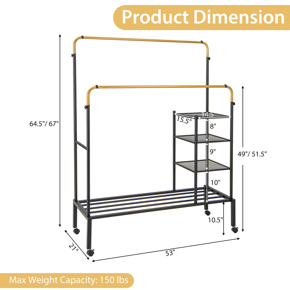 Height-adjustable rolling garment rack with double rods, golden accents, and lockable wheels for versatile storage.