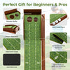 Golf putting mat with wooden baffle, auto ball return, and two hole sizes for practice, featuring anti-skid base.