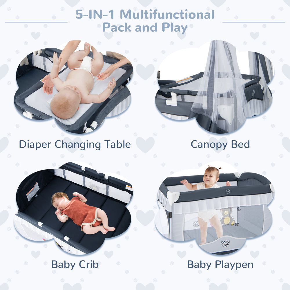 Convertible bassinet with canopy and changing table, showcasing protective mesh and rotatable toys for infants up to 3.