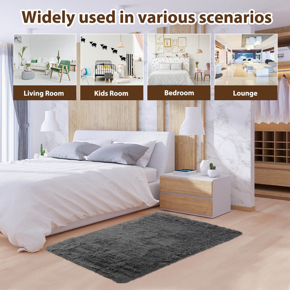Modern 4x6 feet soft shag rug with non-slip grip dots, ideal for living room or bedroom decor and comfort.