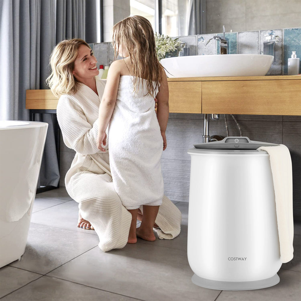 Towel warmer bucket in gray with a child lock, ideal for heating towels and bathrobes in just 5 minutes.