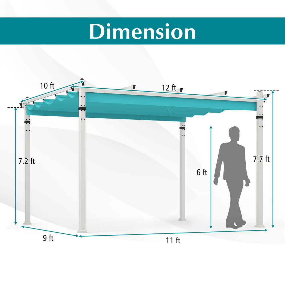 Outdoor pergola with turquoise retractable canopy, aluminum frame, and dimensions for versatile outdoor use.