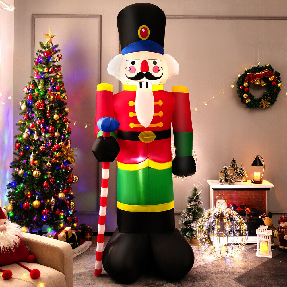 Inflatable 8-foot nutcracker soldier with LED lights, made of weather-resistant polyester, perfect for Christmas.