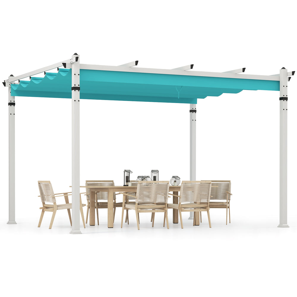 Outdoor pergola with turquoise retractable canopy and sturdy aluminum frame, perfect for outdoor dining and gatherings.