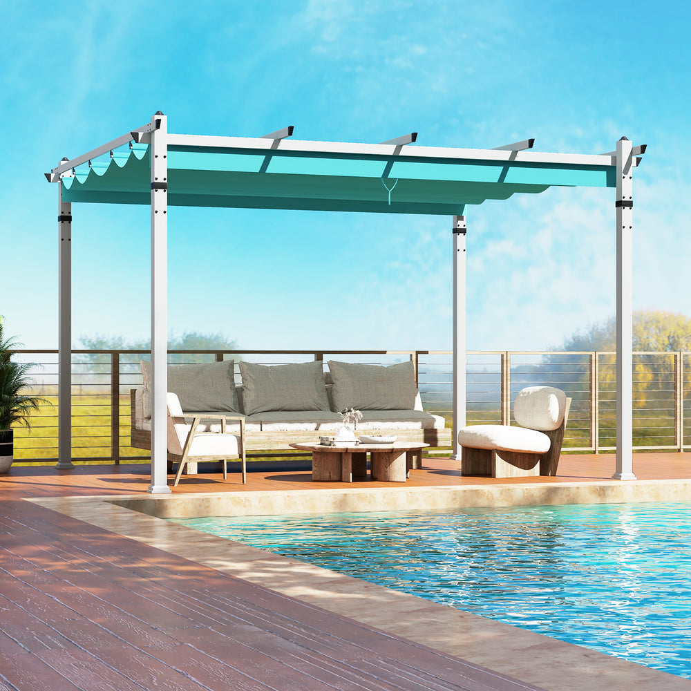 Outdoor pergola with turquoise retractable canopy and aluminum frame, perfect for poolside relaxation and weather.