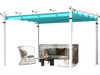 Outdoor pergola with turquoise retractable canopy and sturdy aluminum frame, perfect for patio relaxation and.