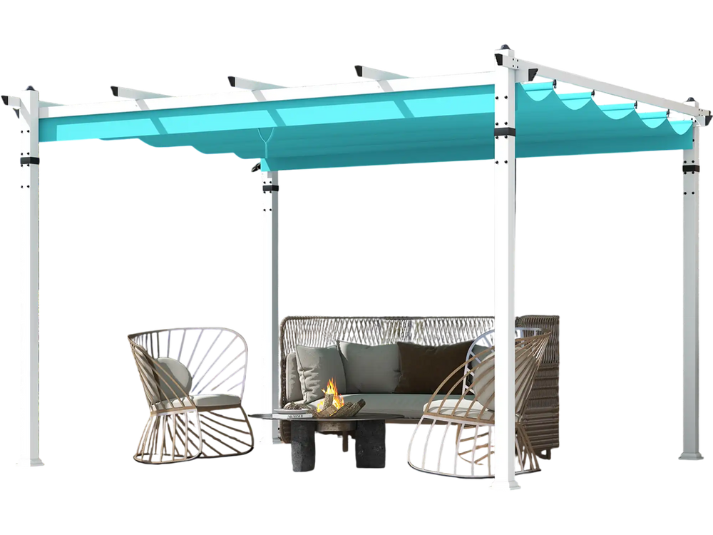 Outdoor pergola with turquoise retractable canopy and sturdy aluminum frame, perfect for patio relaxation and.