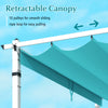 Retractable turquoise canopy with pulleys and rope loop for easy adjustment on outdoor pergola aluminum frame.