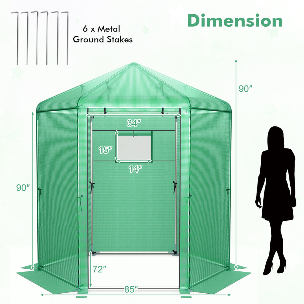 Hexagonal greenhouse with PE cover and metal frame, featuring dimensions of 90" height and 85" width for optimal plant.