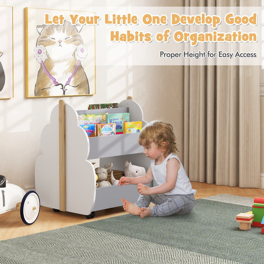 Kids wooden bookshelf with universal wheels in gray, featuring a cute tree-shape design for easy organization and.